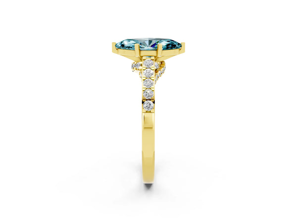 Yellow gold Marquise Cut Blue Topaz Solitaire Ring with Crossover Gallery and Round  Pavé Band