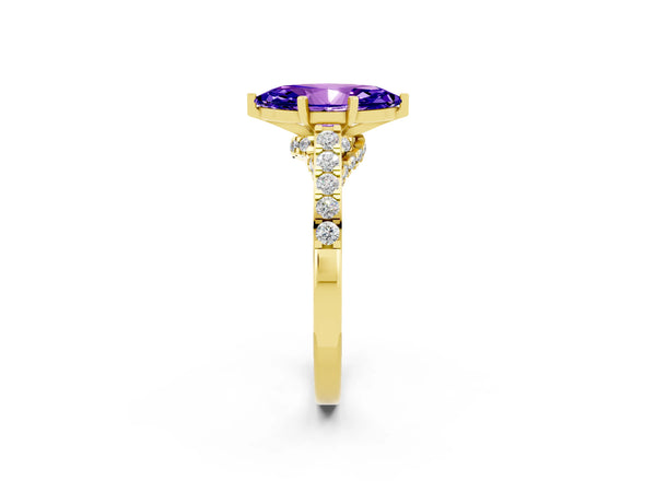 Yellow gold Marquise Cut Tanzanite Solitaire Ring with Crossover Gallery and Round  Pavé Band