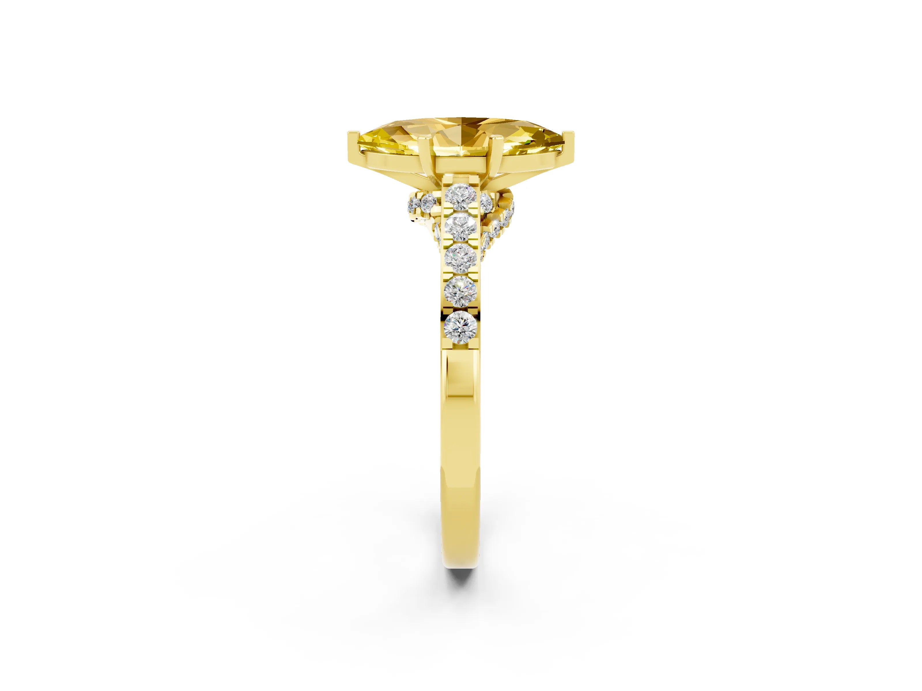 Yellow gold Marquise Cut Diamond Solitaire Ring with Pavé Band and Prong Setting_2