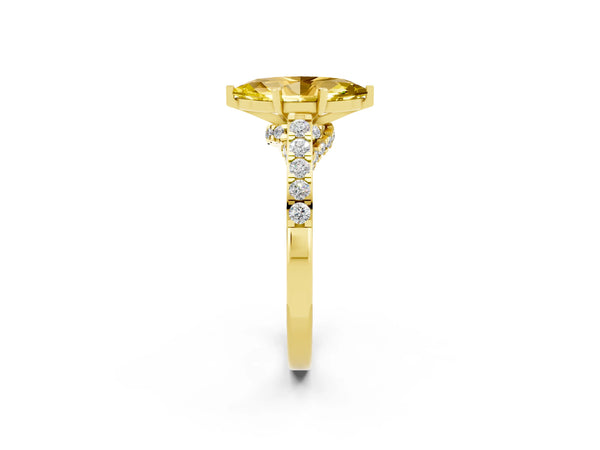 Yellow gold Marquise Cut Yellow Sapphire Solitaire Ring with Crossover Gallery and Round  Pavé Band