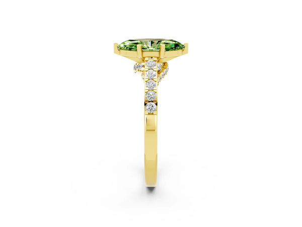 Yellow gold Marquise Cut Peridot Solitaire Ring with Crossover Gallery and Round  Pavé Band