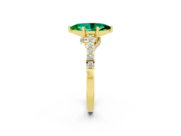 Yellow gold Marquise Cut Emerald Solitaire Ring with Crossover Gallery and Round  Pavé Band