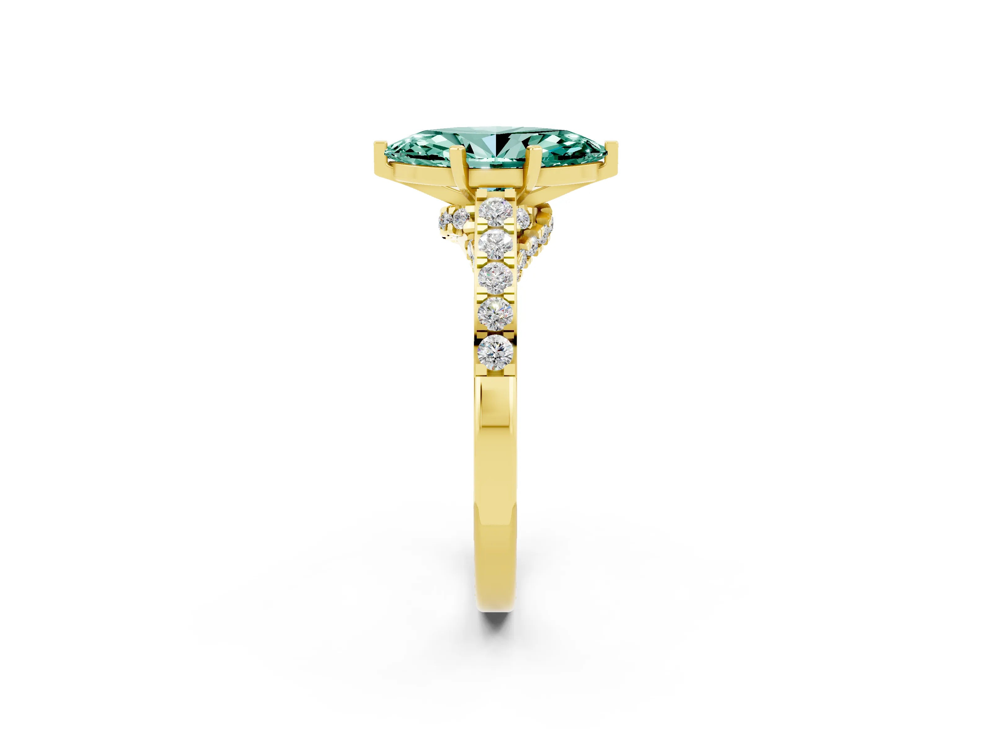 Yellow gold Marquise Cut Diamond Solitaire Ring with Pavé Band and Prong Setting_2