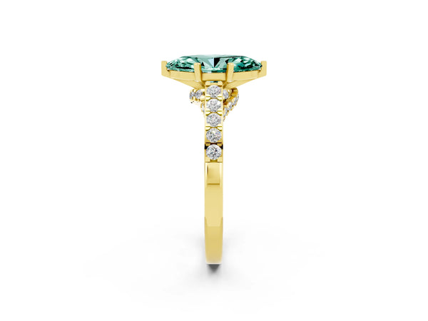 Yellow gold Marquise Cut Green Sapphire Solitaire Ring with Crossover Gallery and Round  Pavé Band