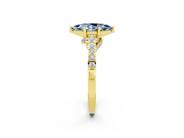 Yellow gold Marquise Cut Aquamarine Solitaire Ring with Crossover Gallery and Round  Pavé Band