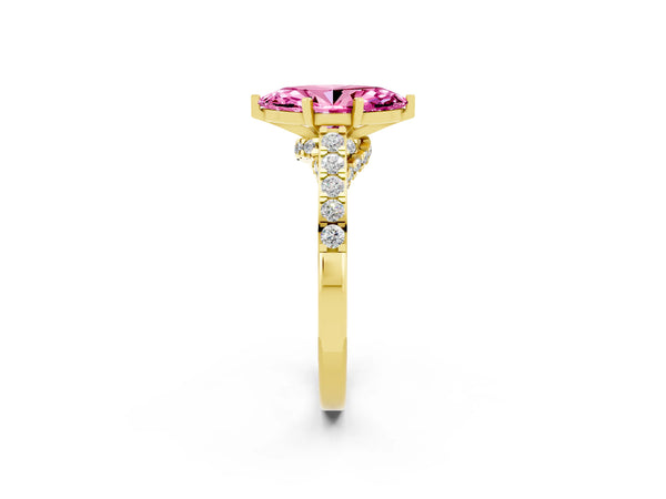 Yellow gold Marquise Cut Pink Sapphire Solitaire Ring with Crossover Gallery and Round  Pavé Band