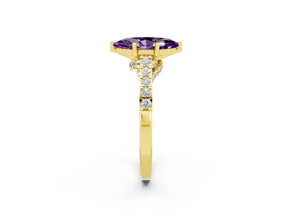 Yellow gold Marquise Cut Amethyst Solitaire Ring with Crossover Gallery and Round  Pavé Band