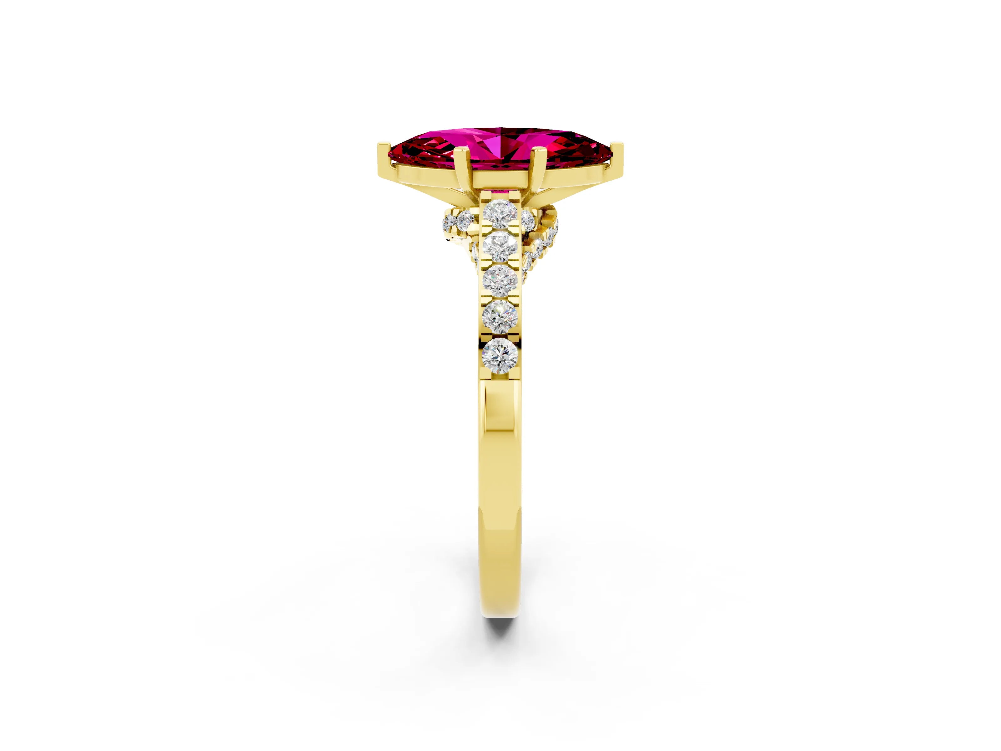 Yellow gold Marquise Cut Diamond Solitaire Ring with Pavé Band and Prong Setting_2