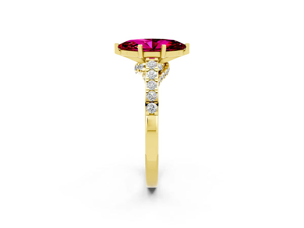 Yellow gold Marquise Cut Garnet Solitaire Ring with Crossover Gallery and Round  Pavé Band