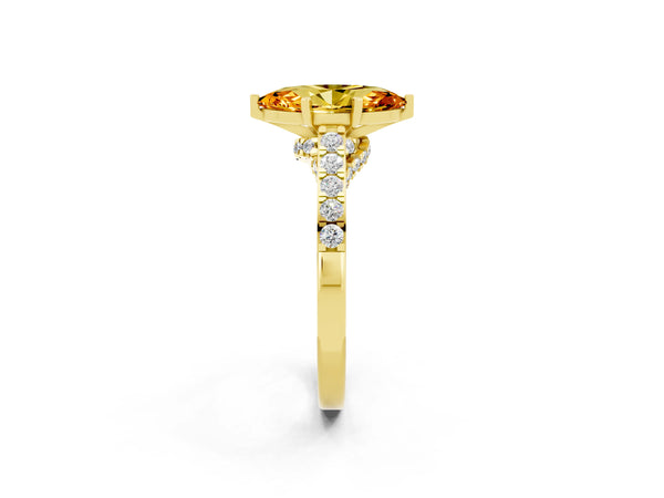 Yellow gold Marquise Cut Citrine Solitaire Ring with Crossover Gallery and Round  Pavé Band