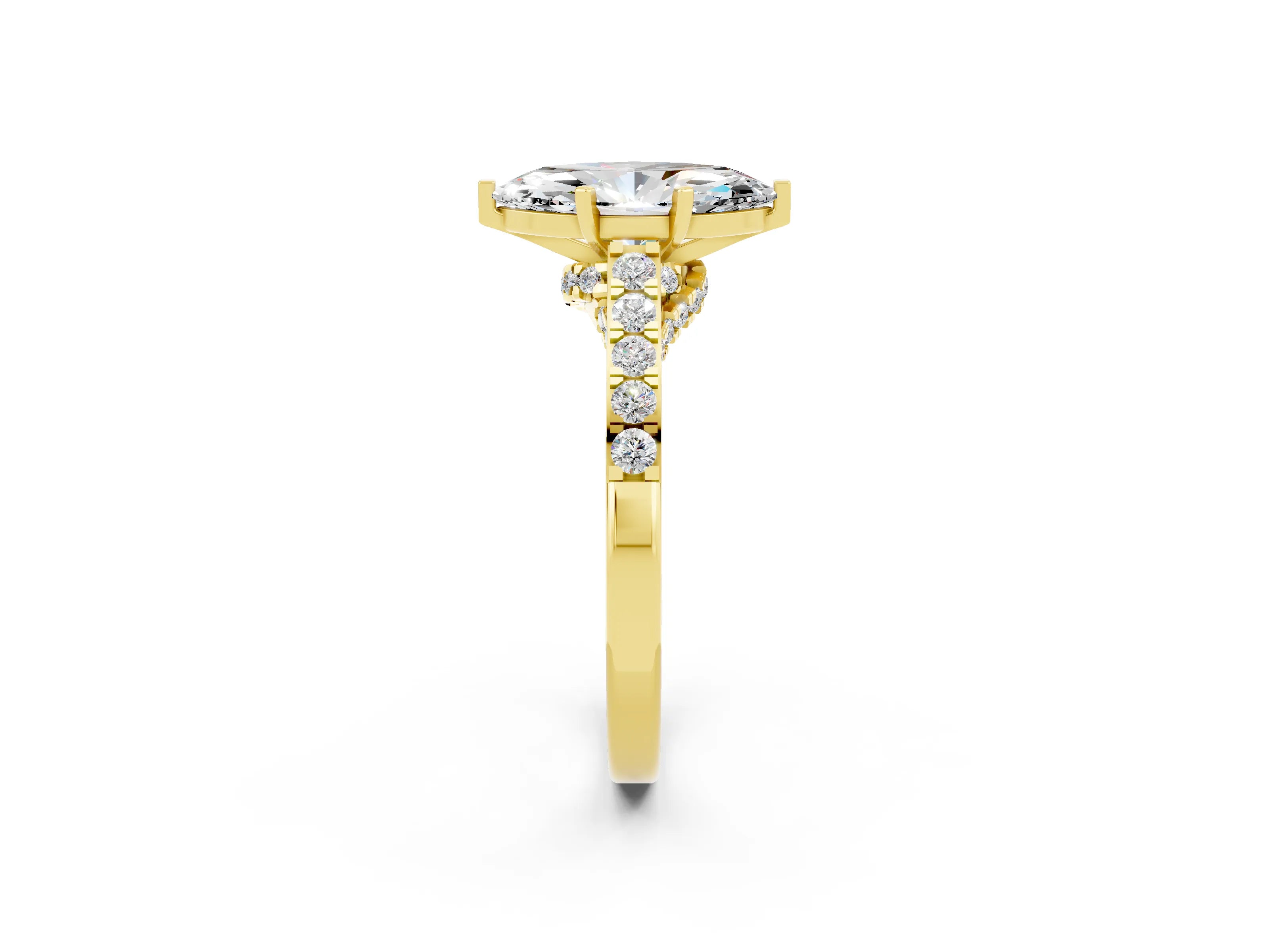 Yellow gold Marquise Cut Diamond Solitaire Ring with Pavé Band and Prong Setting_2