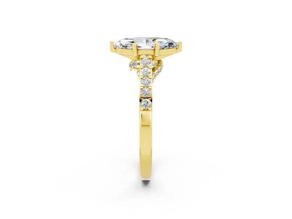 Yellow gold Marquise Cut Moissanite Solitaire Ring with Crossover Gallery and Round  Pavé Band