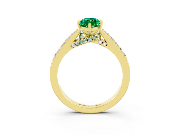 Yellow gold Marquise Cut Emerald Solitaire Ring with Crossover Gallery and Round  Pavé Band