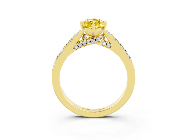 Yellow gold Marquise Cut Yellow Sapphire Solitaire Ring with Crossover Gallery and Round  Pavé Band