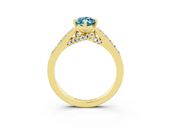 Yellow gold Marquise Cut Blue Topaz Solitaire Ring with Crossover Gallery and Round  Pavé Band