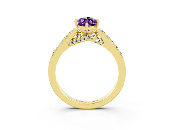Yellow gold Marquise Cut Amethyst Solitaire Ring with Crossover Gallery and Round  Pavé Band