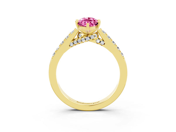 Yellow gold Marquise Cut Pink Sapphire Solitaire Ring with Crossover Gallery and Round  Pavé Band