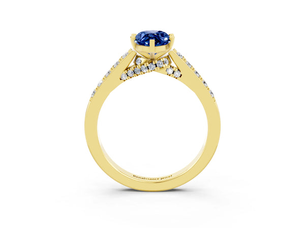 Yellow gold Marquise Cut Blue Sapphire Solitaire Ring with Crossover Gallery and Round  Pavé Band