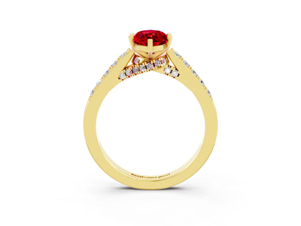 Yellow gold Marquise Cut Ruby Solitaire Ring with Crossover Gallery and Round  Pavé Band