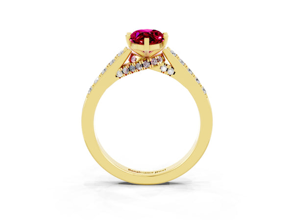 Yellow gold Marquise Cut Garnet Solitaire Ring with Crossover Gallery and Round  Pavé Band