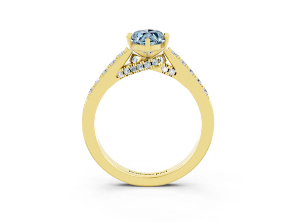 Yellow gold Marquise Cut Aquamarine Solitaire Ring with Crossover Gallery and Round  Pavé Band