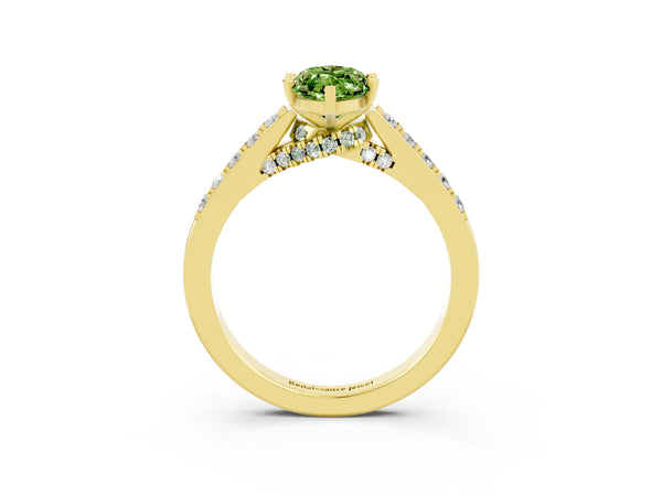 Yellow gold Marquise Cut Peridot Solitaire Ring with Crossover Gallery and Round  Pavé Band