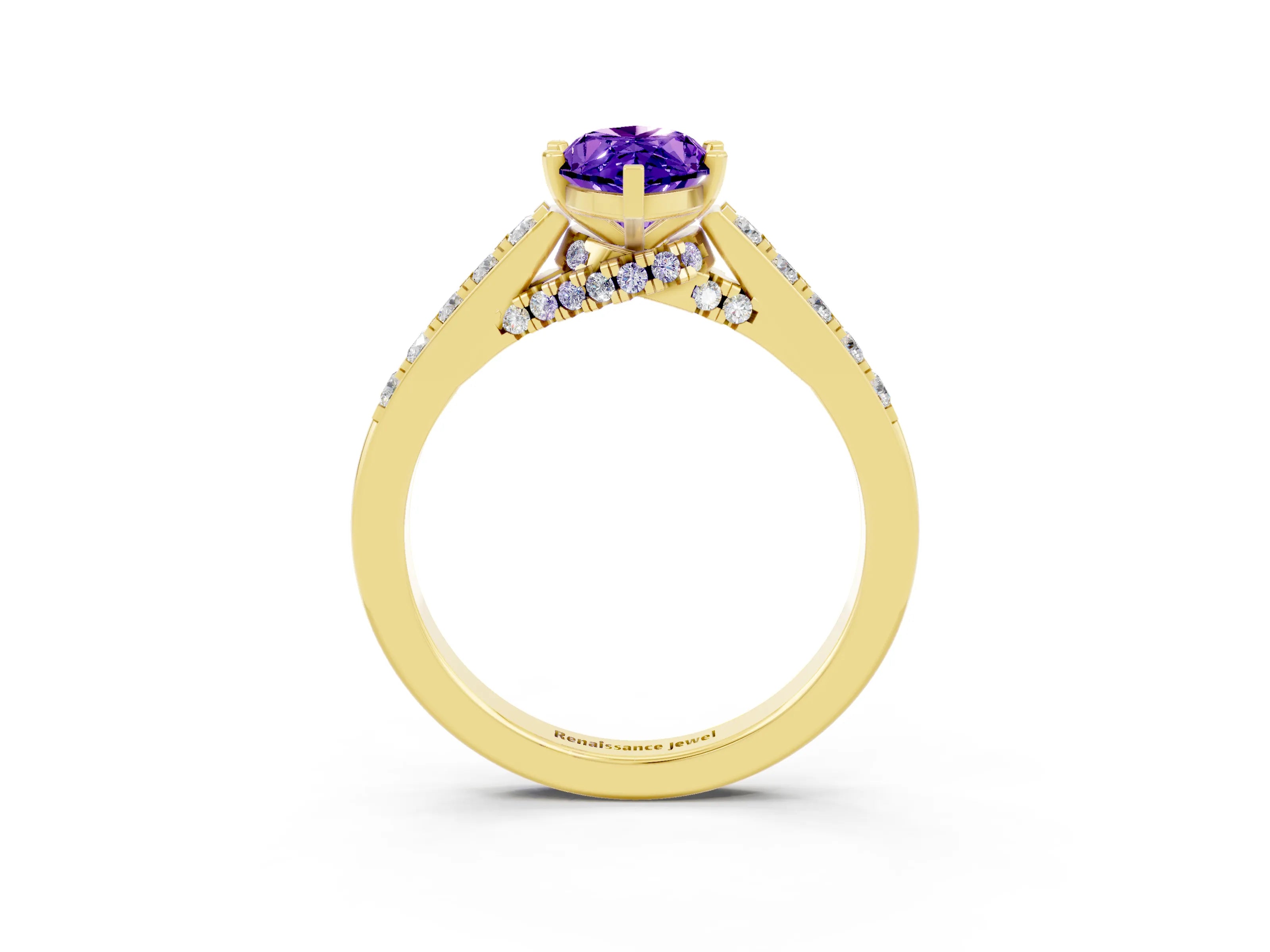 Yellow gold Marquise Cut Diamond Solitaire Ring with Pavé Band and Prong Setting_3