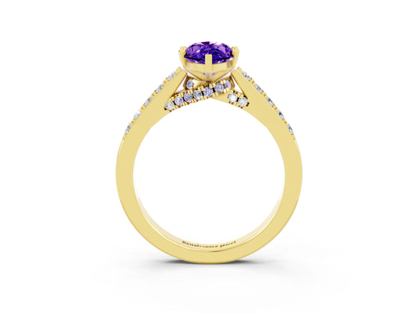 Yellow gold Marquise Cut Tanzanite Solitaire Ring with Crossover Gallery and Round  Pavé Band