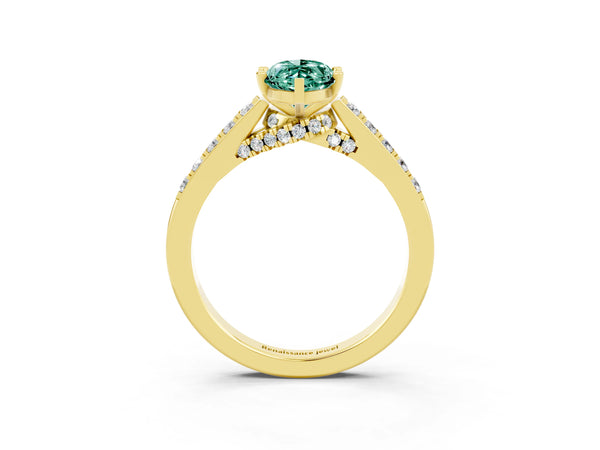Yellow gold Marquise Cut Green Sapphire Solitaire Ring with Crossover Gallery and Round  Pavé Band