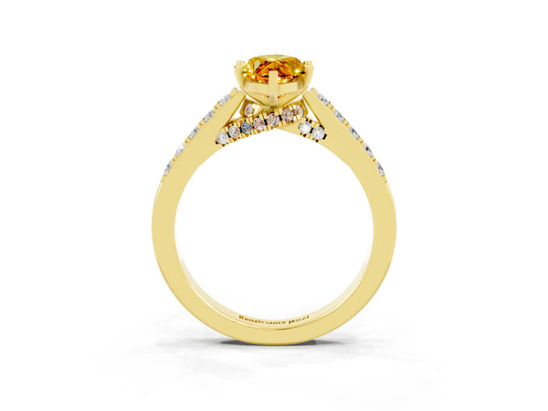 Yellow gold Marquise Cut Citrine Solitaire Ring with Crossover Gallery and Round  Pavé Band