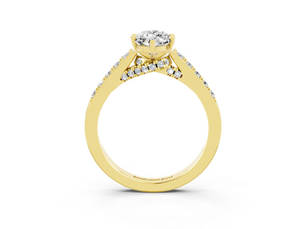 Yellow gold Marquise Cut Moissanite Solitaire Ring with Crossover Gallery and Round  Pavé Band