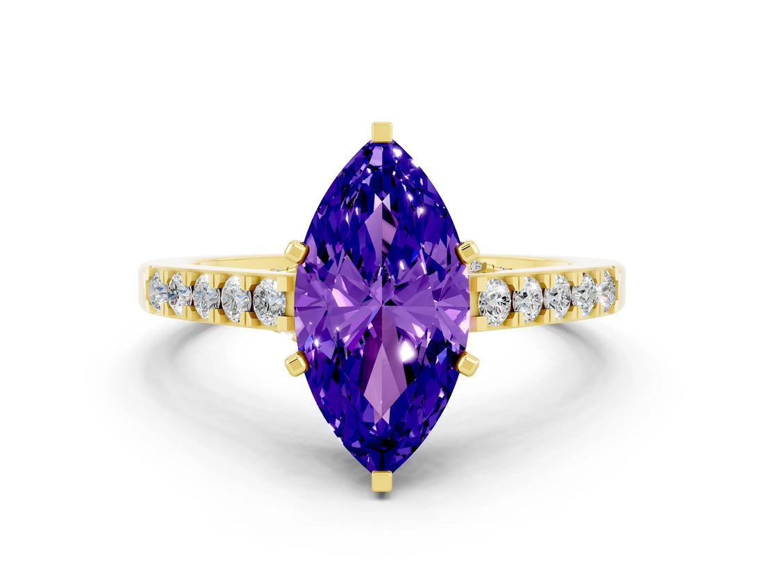 Yellow gold Marquise Cut Diamond Solitaire Ring with Pavé Band and Prong Setting