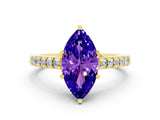 Yellow gold Marquise Cut Diamond Solitaire Ring with Pavé Band and Prong Setting