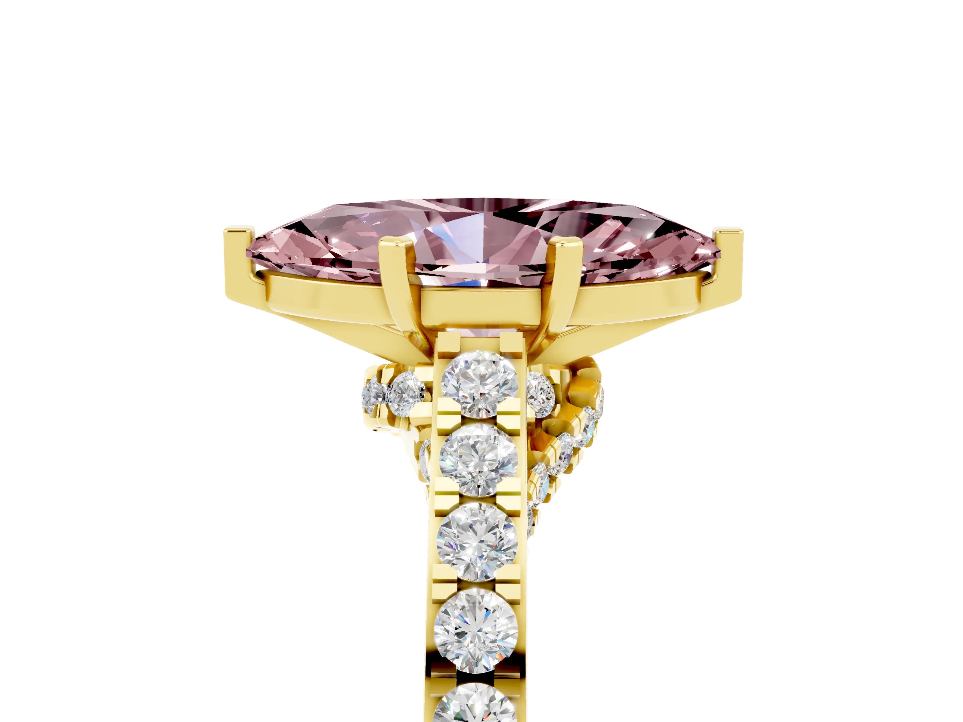 Yellow gold Marquise Cut Diamond Solitaire Ring with Pavé Band and Prong Setting_5