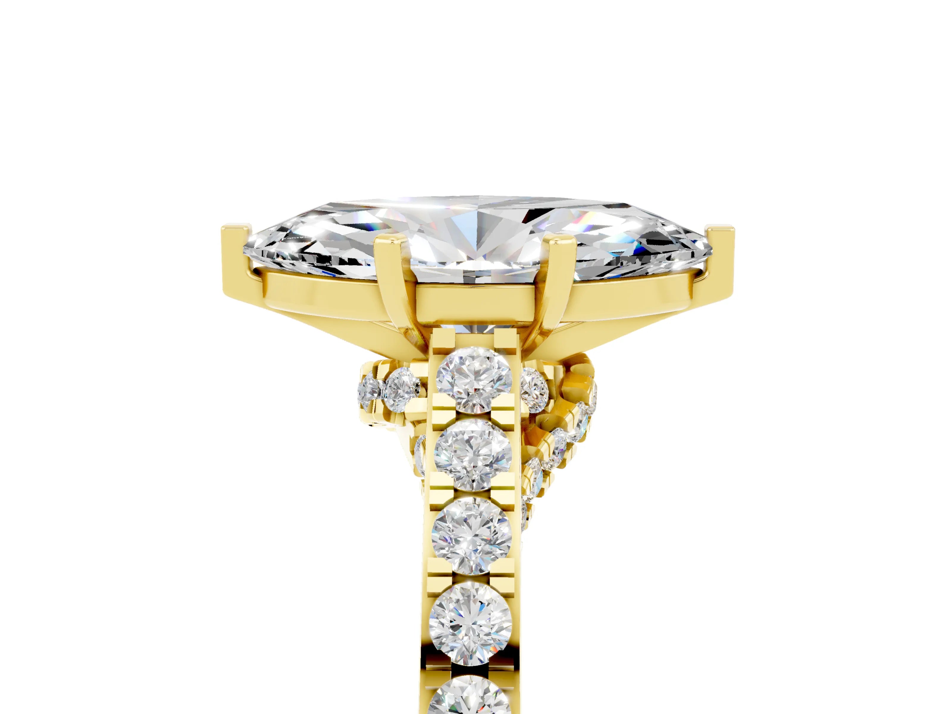 Yellow gold Marquise Cut Diamond Solitaire Ring with Pavé Band and Prong Setting_5