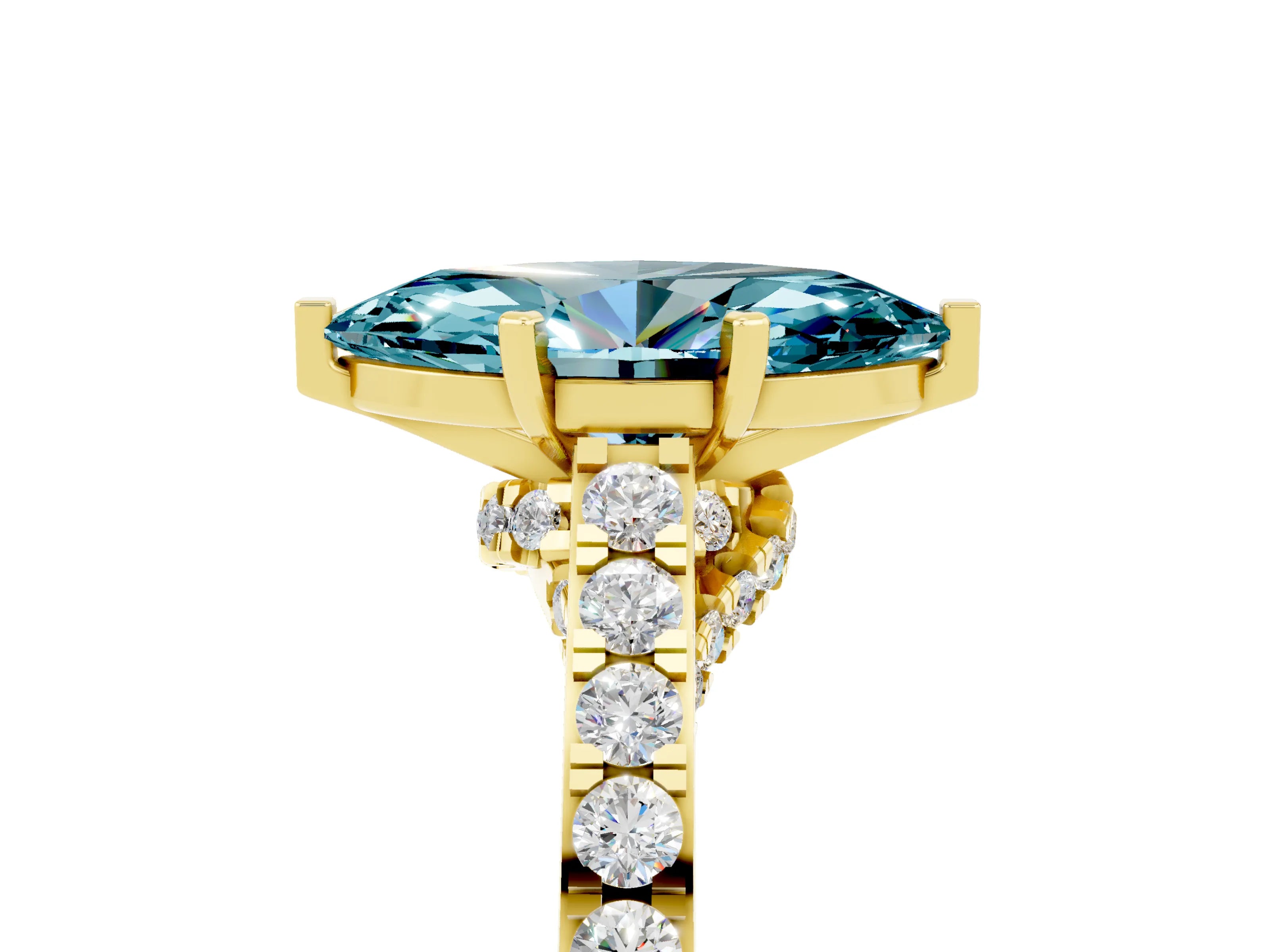 Yellow gold Marquise Cut Diamond Solitaire Ring with Pavé Band and Prong Setting_5