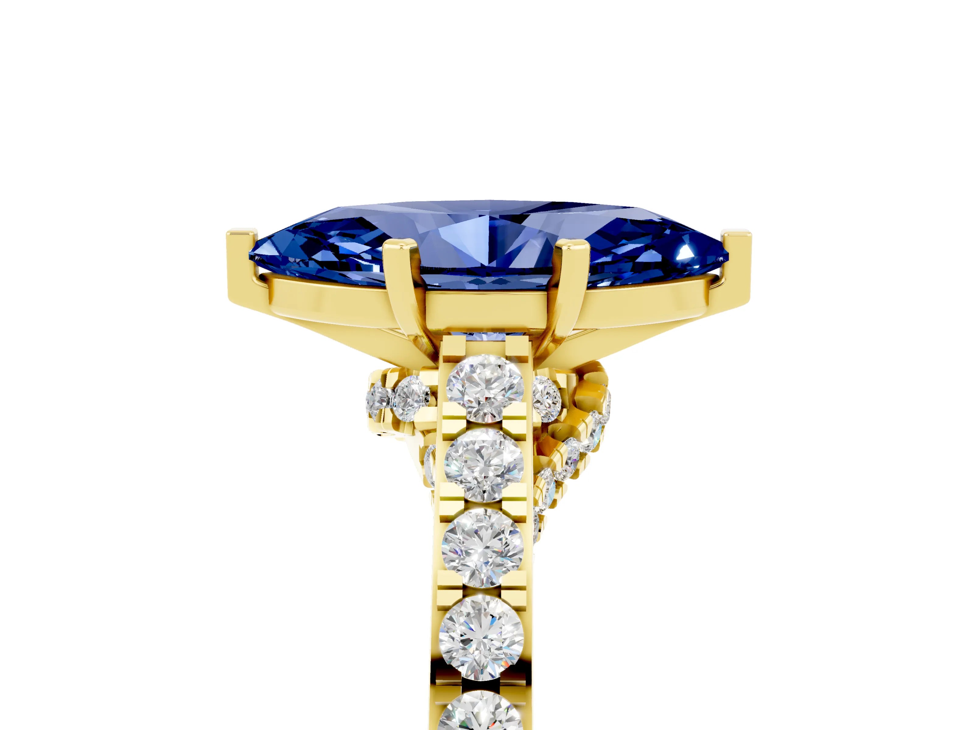 Yellow gold Marquise Cut Diamond Solitaire Ring with Pavé Band and Prong Setting_5