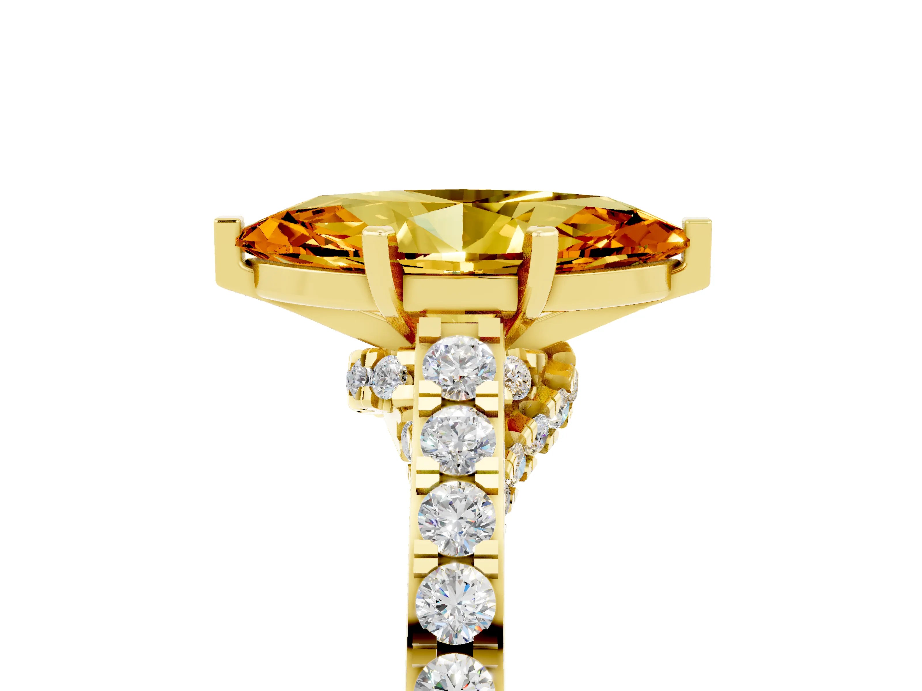 Yellow gold Marquise Cut Diamond Solitaire Ring with Pavé Band and Prong Setting_5