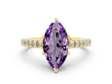 Yellow gold Marquise Cut Diamond Solitaire Ring with Pavé Band and Prong Setting