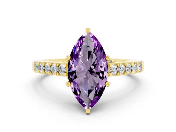 Yellow gold Marquise Cut Amethyst Solitaire Ring with Crossover Gallery and Round  Pavé Band