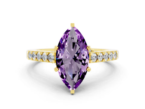 Yellow gold Marquise Cut Diamond Solitaire Ring with Pavé Band and Prong Setting