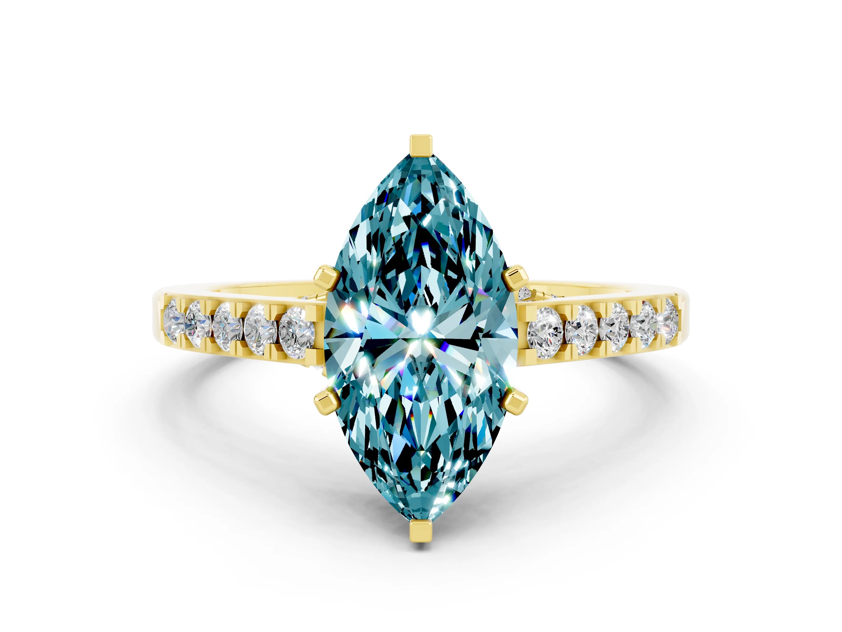Yellow gold Marquise Cut Diamond Solitaire Ring with Pavé Band and Prong Setting