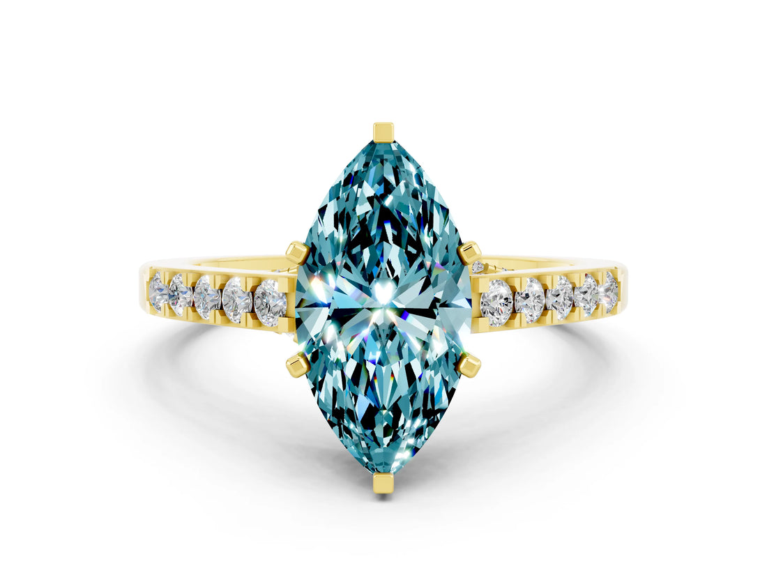 Yellow gold Marquise Cut Diamond Solitaire Ring with Pavé Band and Prong Setting