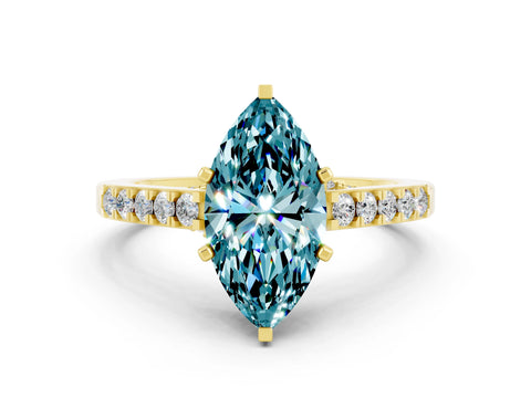 Yellow gold Marquise Cut Diamond Solitaire Ring with Pavé Band and Prong Setting