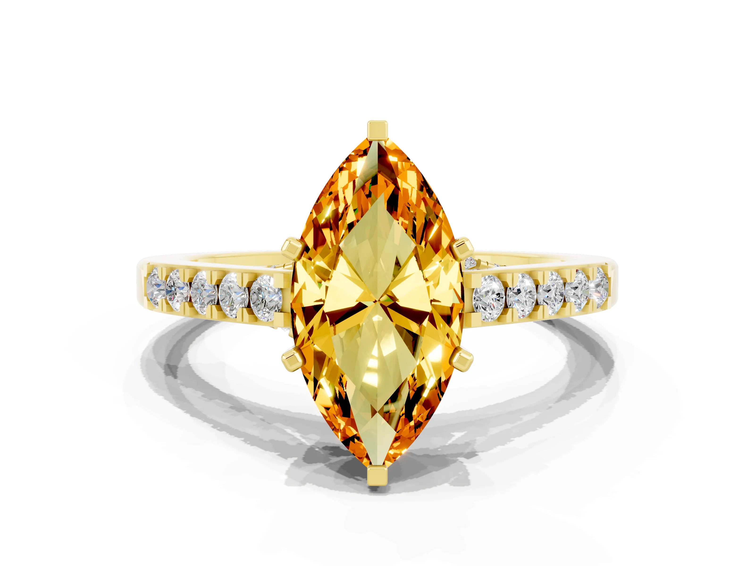Yellow gold Marquise Cut Diamond Solitaire Ring with Pavé Band and Prong Setting