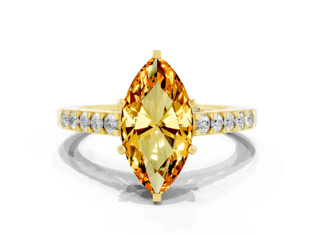 Yellow gold Marquise Cut Diamond Solitaire Ring with Pavé Band and Prong Setting