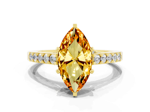 Yellow gold Marquise Cut Diamond Solitaire Ring with Pavé Band and Prong Setting