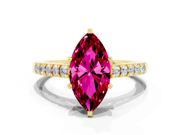 Yellow gold Marquise Cut Garnet Solitaire Ring with Crossover Gallery and Round  Pavé Band