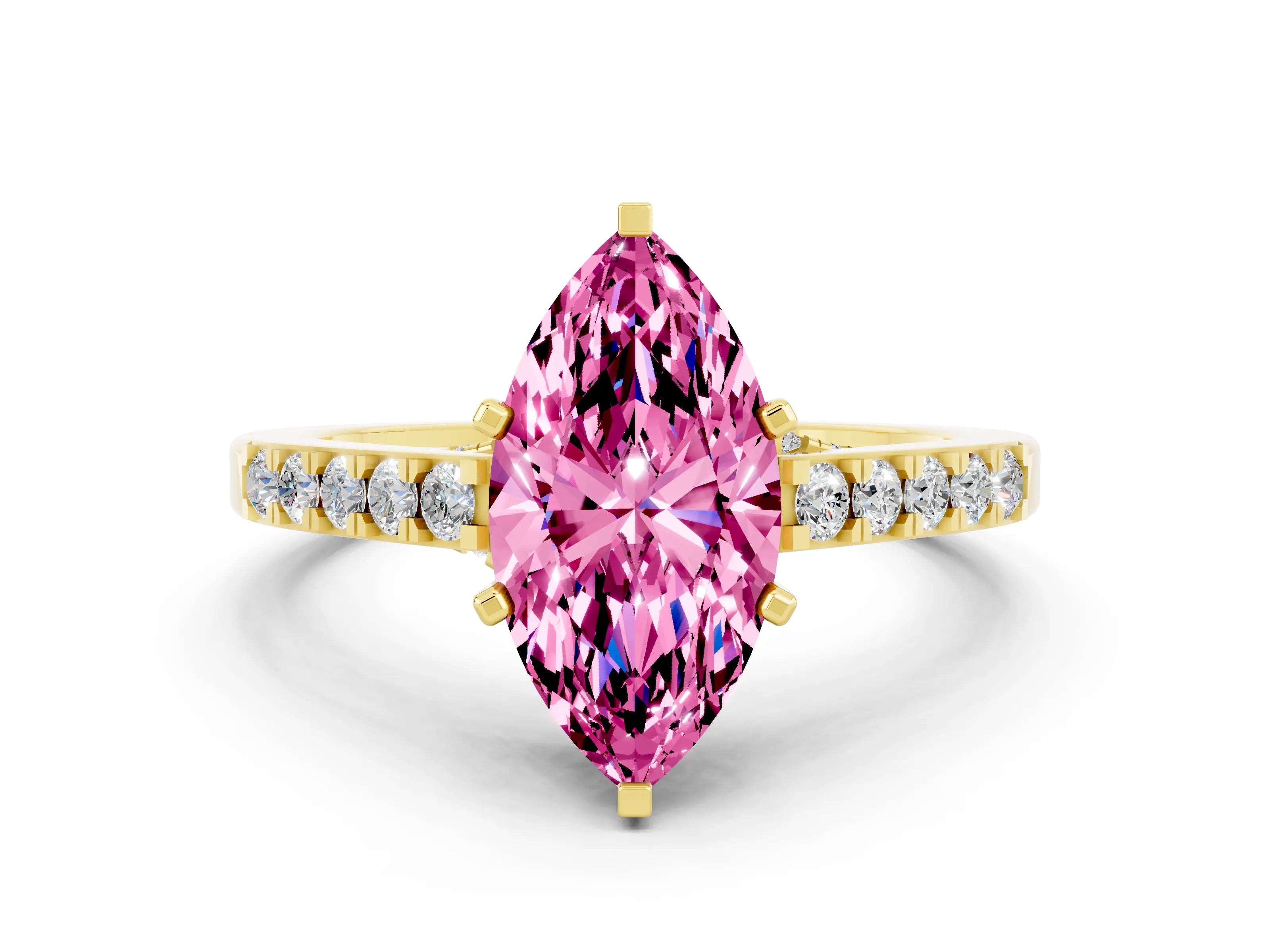 Yellow gold Marquise Cut Diamond Solitaire Ring with Pavé Band and Prong Setting