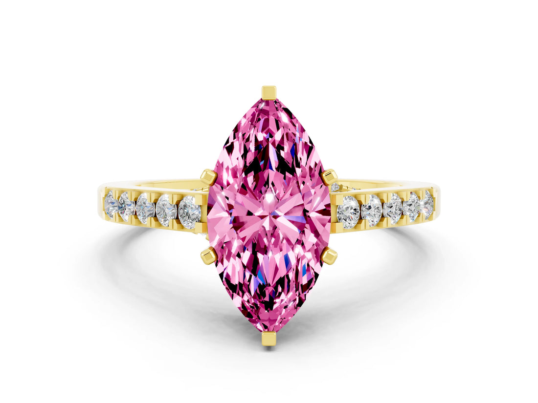 Yellow gold Marquise Cut Diamond Solitaire Ring with Pavé Band and Prong Setting